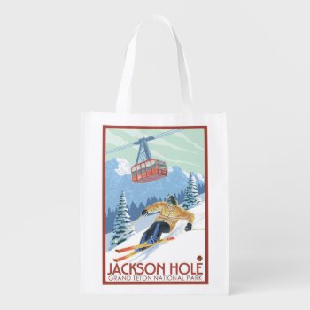 Jackson Hole  Wyoming Skier And Tram Reusable Grocery Bag by LanternPress at Zazzle
