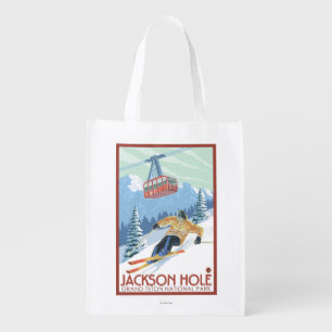 Jackson Hole, Wyoming Skier and Tram Reusable Grocery Bag