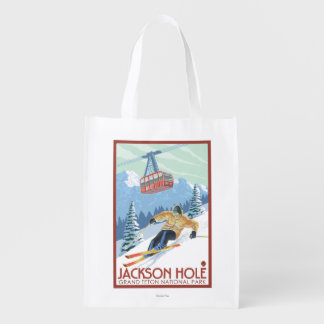 Jackson Hole, Wyoming Skier and Tram Reusable Grocery Bag