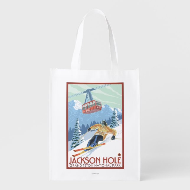 Jackson Hole, Wyoming Skier and Tram Reusable Grocery Bag (Front)