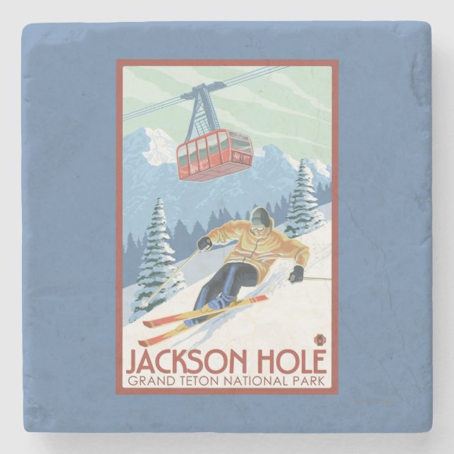 Jackson Hole, Wyoming Skier and Tram Stone Coaster (Front)