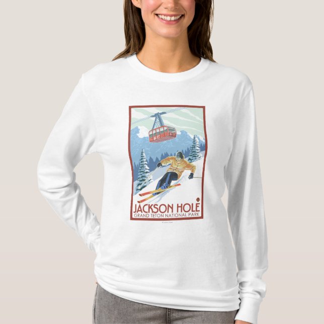 Jackson Hole, Wyoming Skier and Tram T-Shirt (Front)