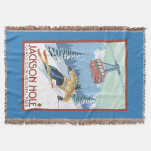 Jackson Hole, Wyoming Skier and Tram Throw Blanket