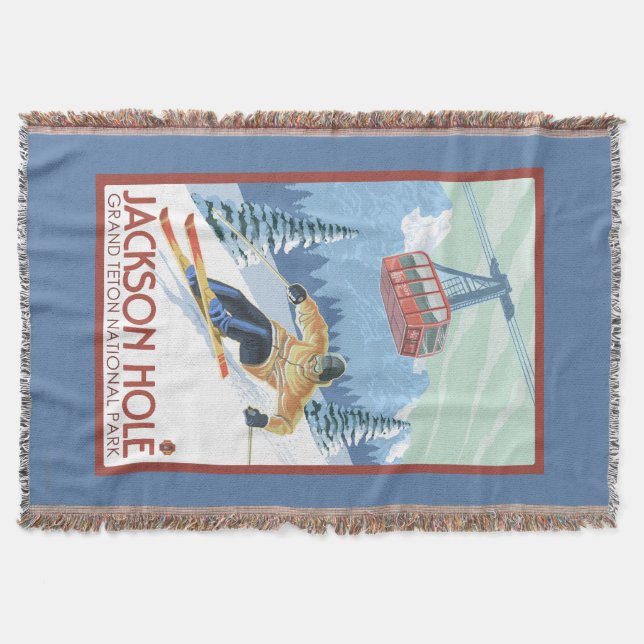 Jackson Hole, Wyoming Skier and Tram Throw Blanket (Front)