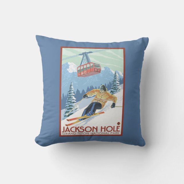 Jackson Hole, Wyoming Skier and Tram Throw Pillow (Front)