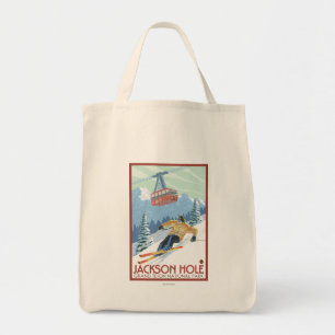 Jackson Hole, Wyoming Skier and Tram Tote Bag