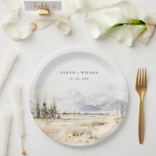 Jackson Hole Wyoming Watercolor Landscape Wedding Paper Plates
