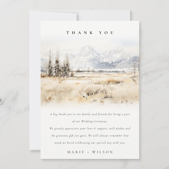 Jackson Hole Wyoming Watercolor Landscape Wedding Thank You Card (Front)