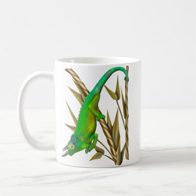 Jackson’s chameleon hanging out in the bamboo coffee mug (Left)
