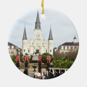Jackson Square, Cathedral of Saint Louis At Xmas C Ceramic Ornament