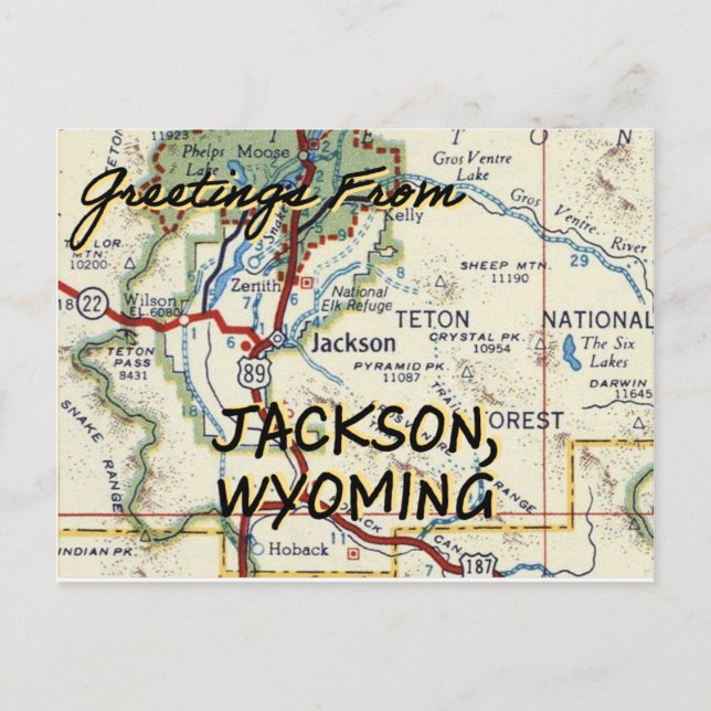 Jackson Wyoming Vintage Map Postcard (Front)