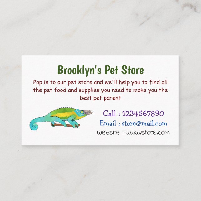 Jackson's chameleon cartoon illustration business card (Front)