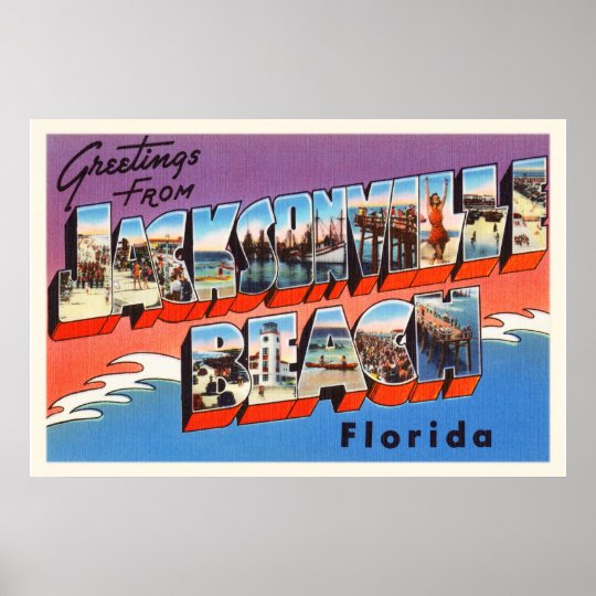 Jacksonville Beach Florida FL Old Travel Souvenir Poster