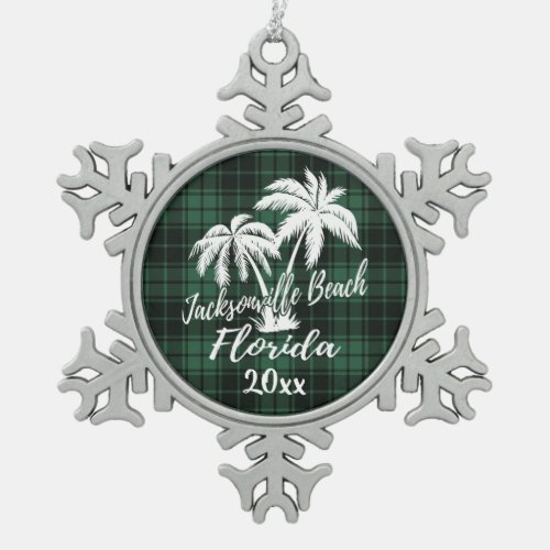 Jacksonville Beach Florida Palm Green Plaid Snowflake Pewter Christmas Ornament