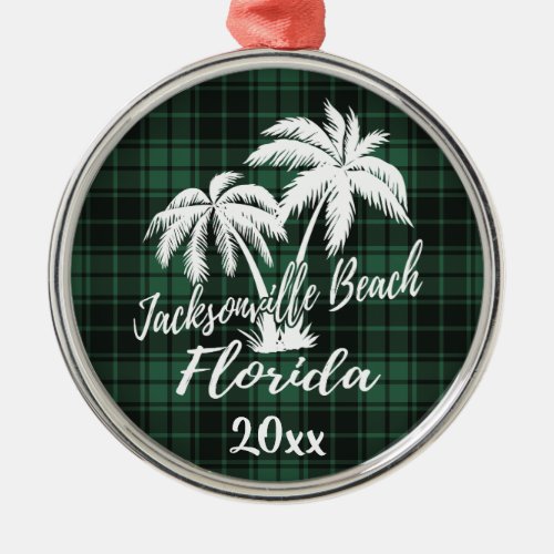 Jacksonville Beach Florida Palm Tree Green Plaid Metal Ornament
