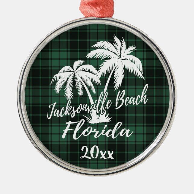 Jacksonville Beach Florida Palm Tree Green Plaid Metal Ornament (Front)
