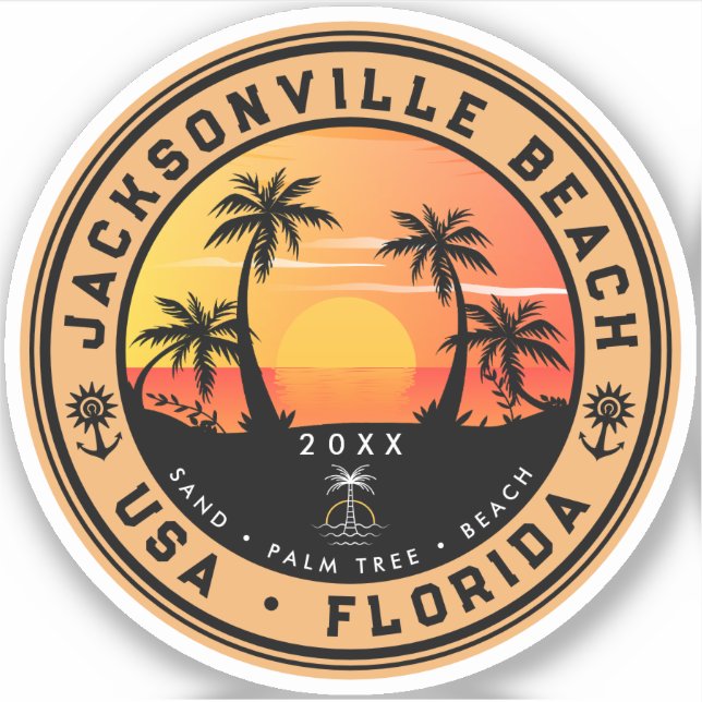Jacksonville Beach Florida Retro Sunset Palm 80s Sticker (Front)