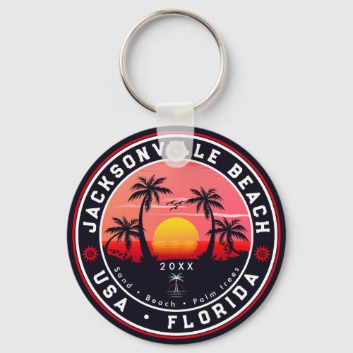 Jacksonville Beach Florida tropical Retro Sunset Keychain