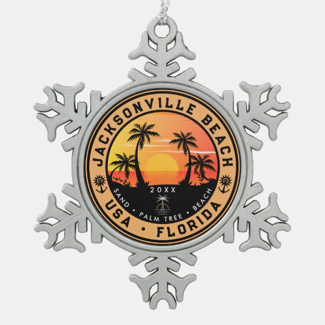 Jacksonville Beach Florida tropical Retro Sunset Snowflake Pewter Christmas Ornament (Front)