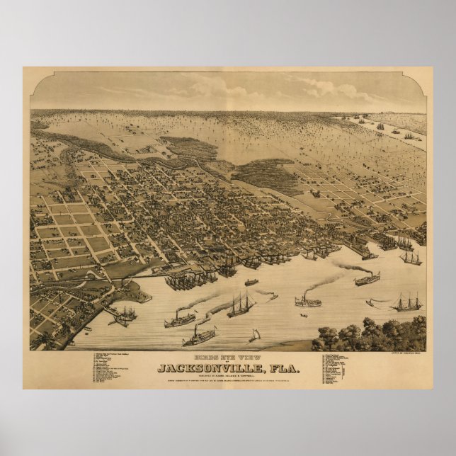 Jacksonville, FL Birdseye Map, Circe 1874 Poster (Front)