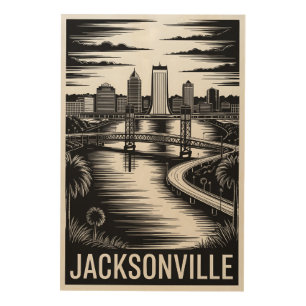 Jacksonville Florida Skyline Black White Woodcut Wood Wall Art