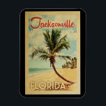 Jacksonville Palm Tree Vintage Travel Magnet<br><div class="desc">A uniquely retro mid-century modern Jacksonville Florida art print in vintage travel poster style. It features a curved palm tree on sandy beach with ocean under a blue cloudy sky.</div>