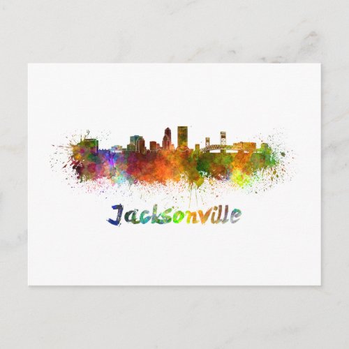 Jacksonville skyline in watercolor postcard