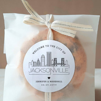 Jacksonville Skyline | Wedding Welcome Message Classic Round Sticker by colorjungle at Zazzle