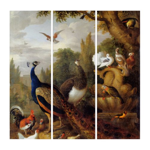 Jacob Bogdani Peacock Peahen Parrots Canary        Triptych