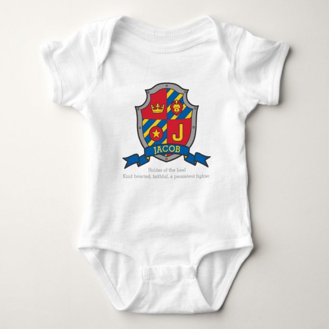 Jacob J letter name meaning crest knights shield Baby Bodysuit (Front)