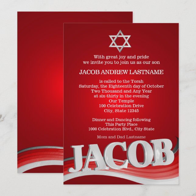 Jacob Steel Wave Red Bar Mitzvah Invitation (Front/Back)