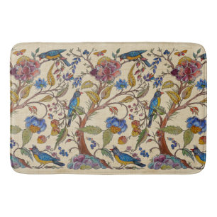 Jacobean Bird Floral Chinoiserie Tan Linen Look Bath Mat