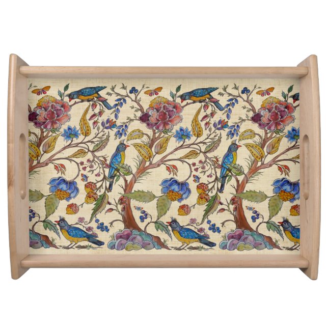 Jacobean Bird Floral Chinoiserie Tan Linen Look Serving Tray (Front)
