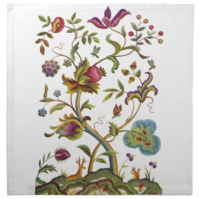 Jacobean Crewel Embroidery Tree of Life Cloth Napkin (Front)