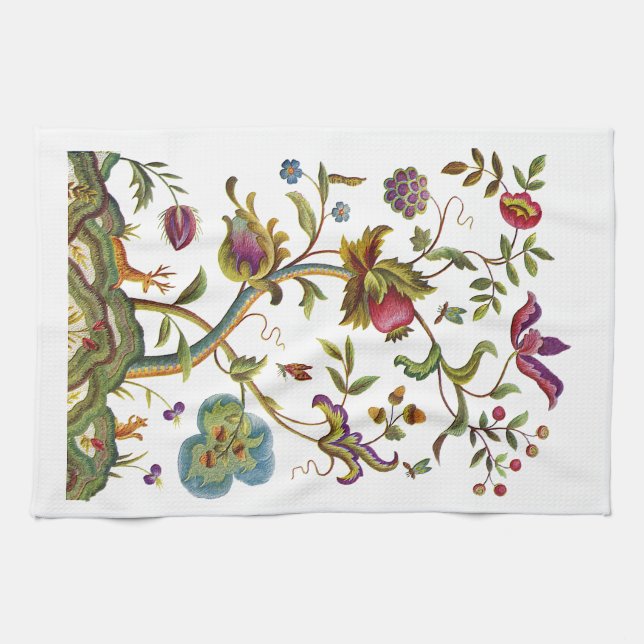 Jacobean Crewel Embroidery Tree of Life Kitchen Towel (Horizontal)
