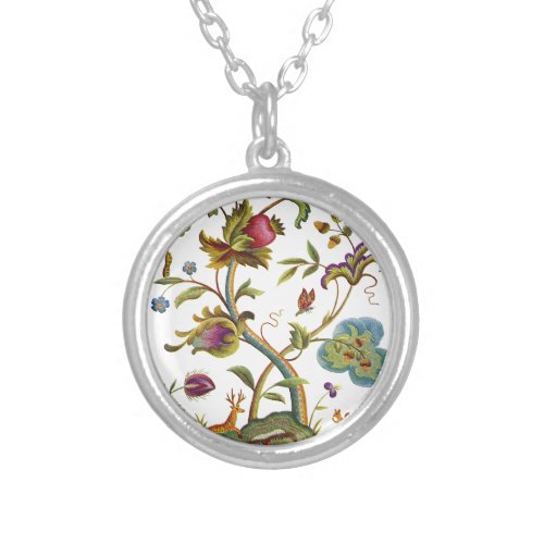Jacobean Crewel Embroidery Tree of Life Silver Plated Necklace