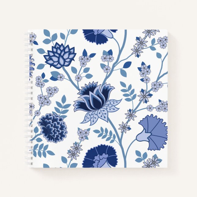 Jacobean Floral 2Way Pattern Blues on White Notebook (Front)