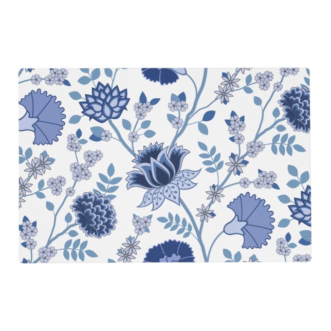 Jacobean Floral 2Way Pattern Blues on White Placemat (Front)