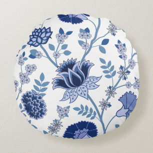Jacobean Floral 2Way Pattern Blues on White Round Pillow