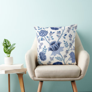Jacobean Floral 2Way Pattern Blues on White Throw Pillow