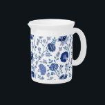 Jacobean Floral Big Pattern Blues on White Beverage Pitcher<br><div class="desc">Jacobean style floral surface pattern design in contrasting blues on a white background.</div>
