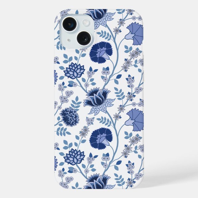 Jacobean Floral Big Pattern Blues on White iPhone Case (Back)