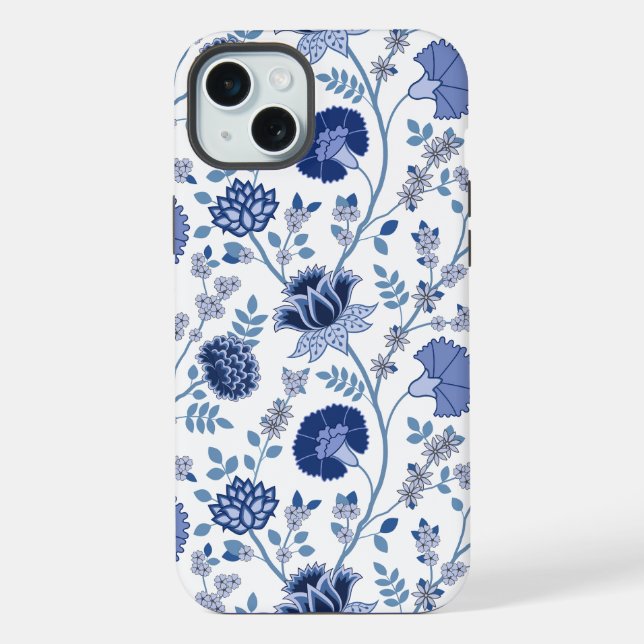 Jacobean Floral Big Pattern Blues on White iPhone Case (Back)