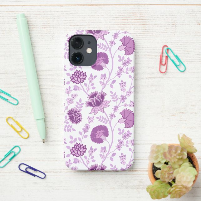 Jacobean Floral Big Pattern Pinks on White iPhone Case (On Desk)