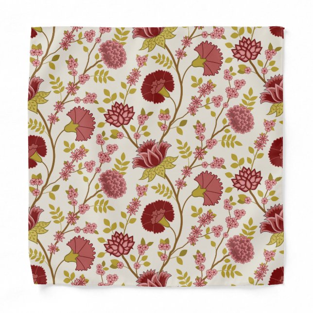Jacobean Floral Big Pattern Reds Pinks Gold Cream Bandana (Front)