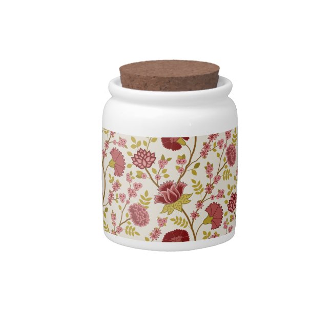 Jacobean Floral Big Pattern Reds Pinks Gold Cream Candy Jar (Front)