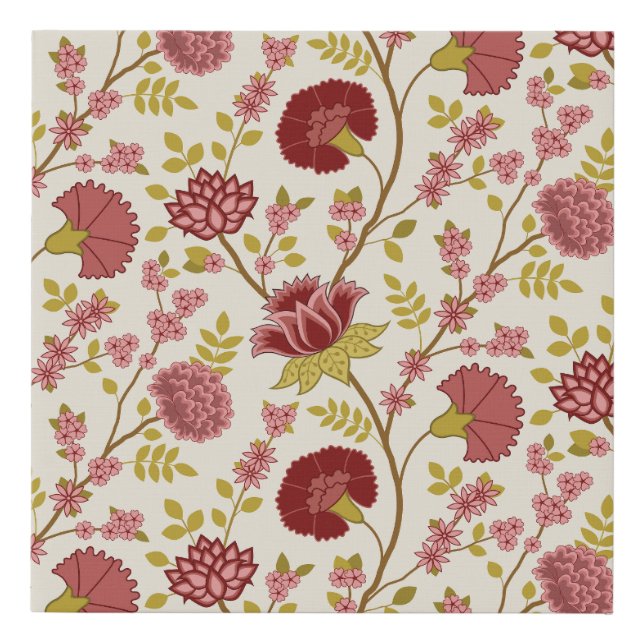 Jacobean Floral Big Pattern Reds Pinks Gold Cream Faux Canvas Print (Front)