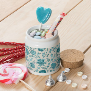 Jacobean Floral Big Pattern Teals on Cream Candy Jar