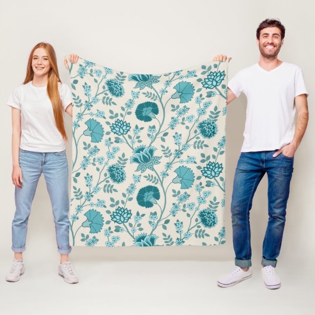 Jacobean Floral Big Pattern Teals on Cream Fleece Blanket (In Situ)