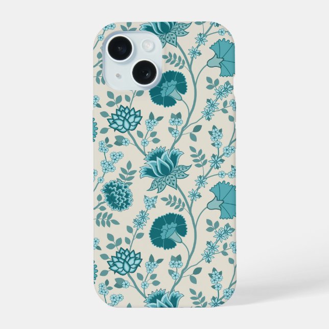 Jacobean Floral Big Pattern Teals on Cream iPhone 15 Case (Back)